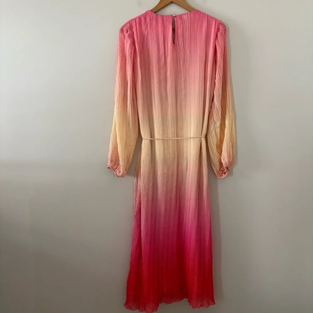 New Something Navy Maxi Dress Pleated Tie Waist Long Sleeve pink combo ombré M - Picture 6 of 15